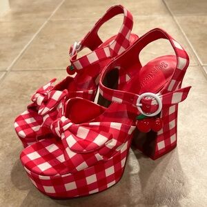 Adorable Red and Cream Gingham Platform Heels with Cherry Charms and Bow Straps